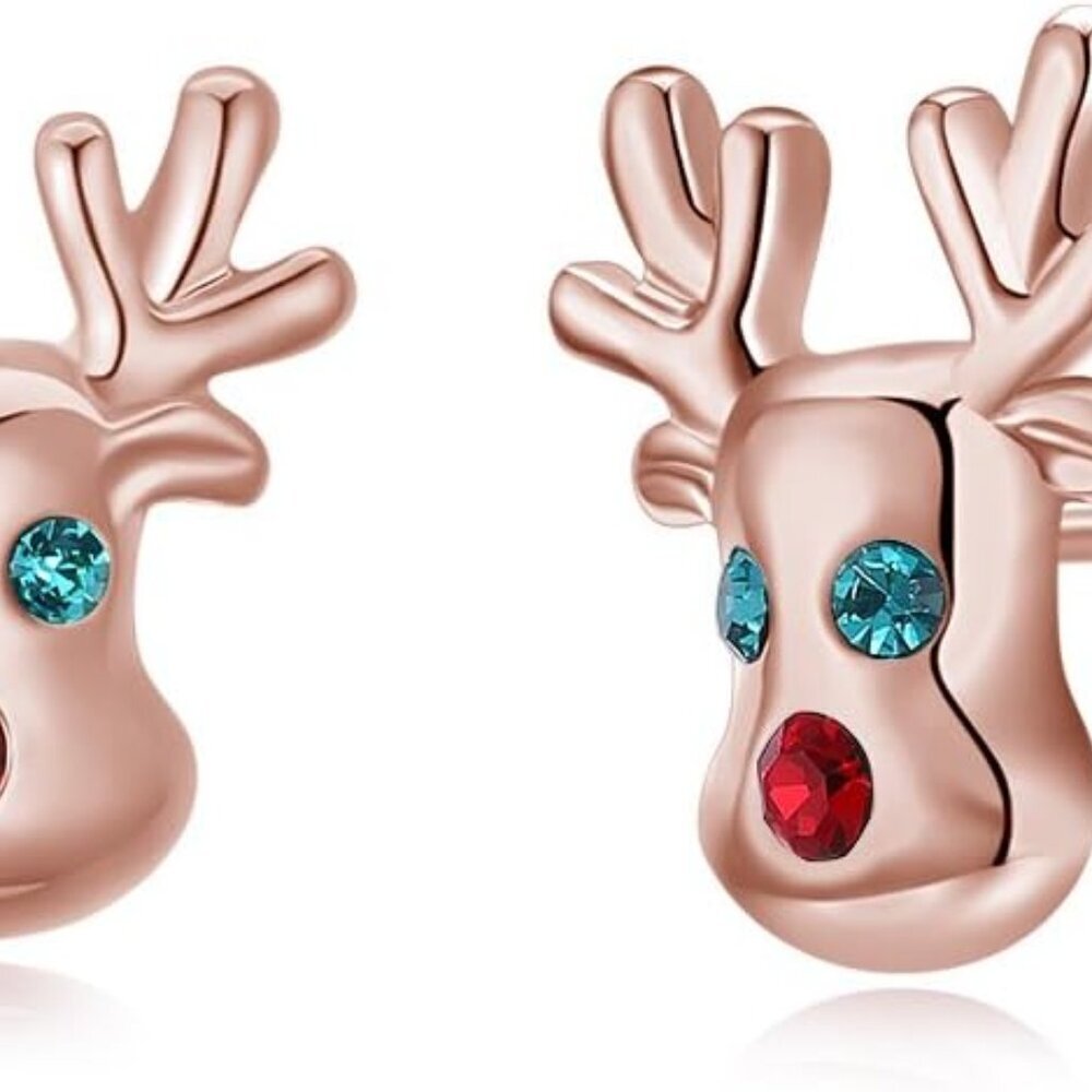 Christmas Earrings 14K Cute Small Animal CZ Reindeer Studs Earrings Gifts for Wo